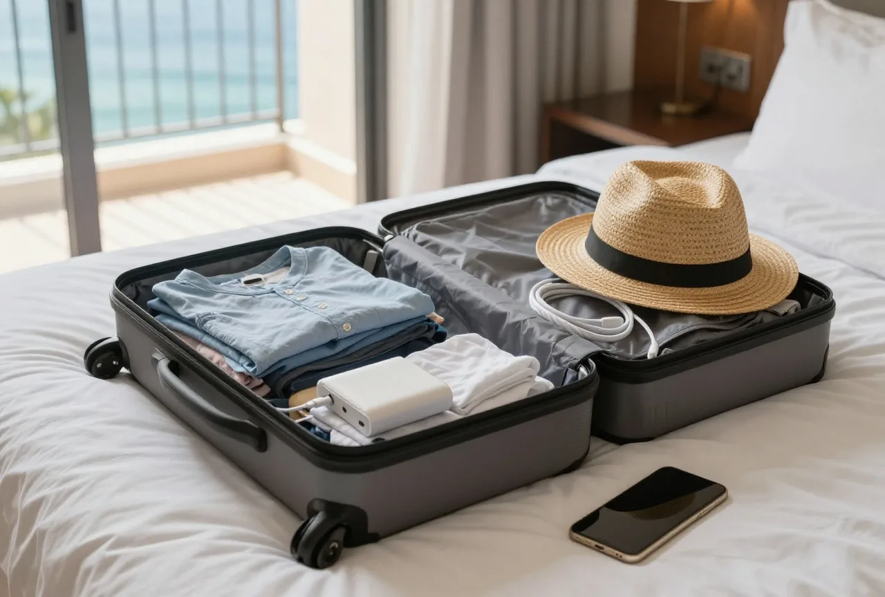Offener Koffer auf einem Hotelbett mit Sommerkleidung, Ladekabel, Powerbank und einem Smartphone