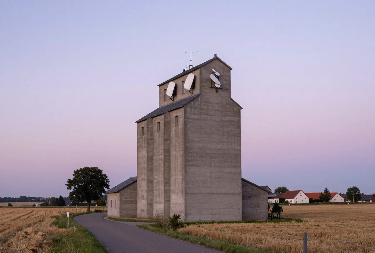 Hoher Getreidesilo am Dorfrand mit weißen Antennenpaneelen auf dem Dach, davor abgeerntete Felder in der Dämmerung