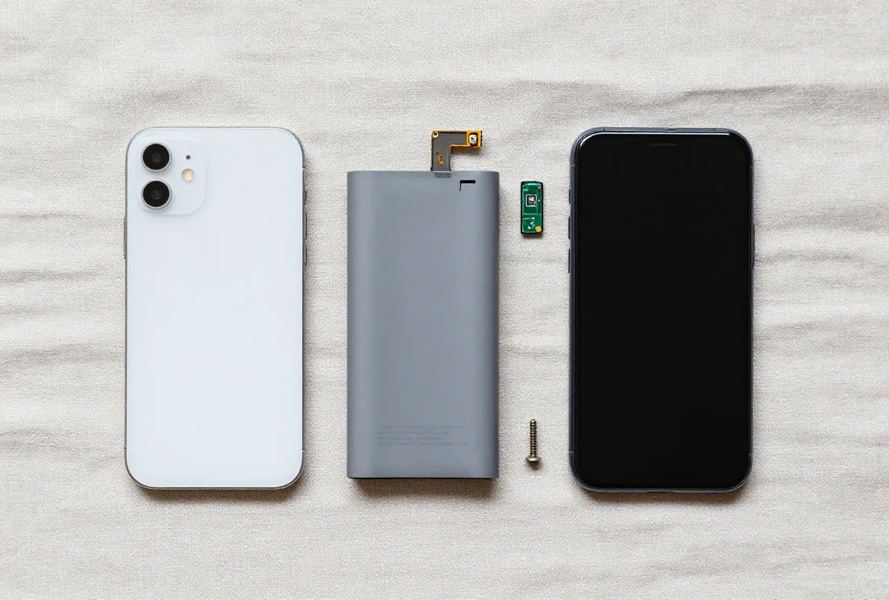 Ersatzteile eines Smartphones liegen geordnet auf einem Leinentuch: Rückdeckel, Akku, Kameramodul und Schrauben neben dem geöffneten Gerät
