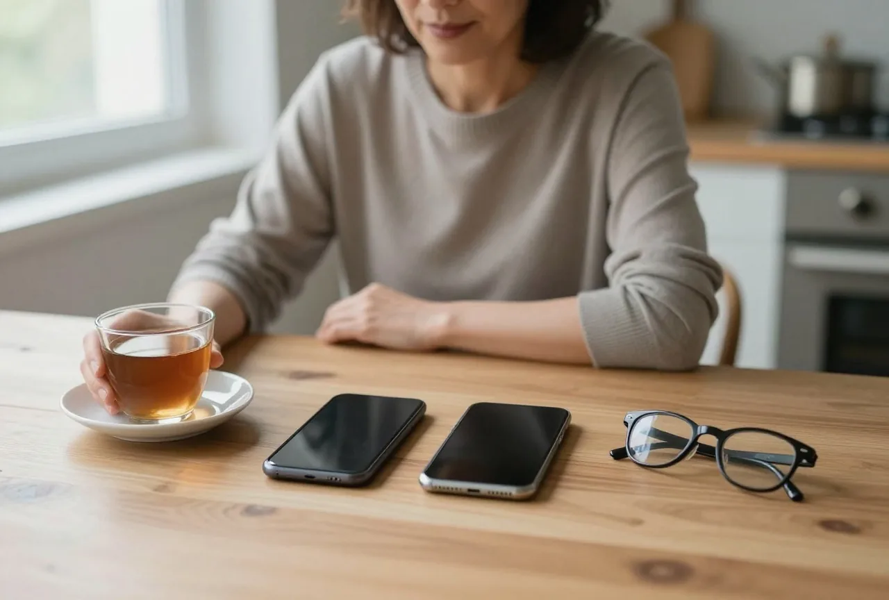 Frau am Küchentisch mit zwei Smartphones, die mit dem Display nach unten vor ihr liegen, daneben Tee und Lesebrille