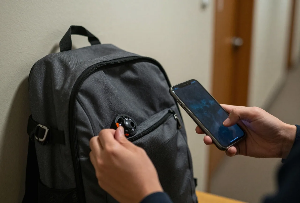 Hand zieht einen kleinen runden Tracker aus der Außentasche eines Rucksacks, in der anderen Hand ein Smartphone mit dunklem Display