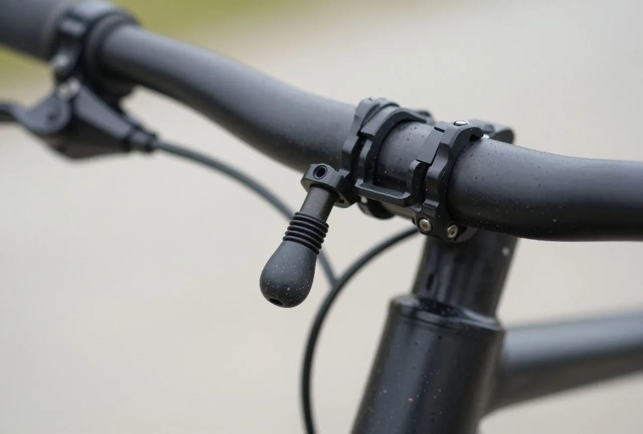 Nahaufnahme eines Gummidämpfers zwischen Lenkerklemme und Handyaufnahme an einem Fahrrad mit Schlammspritzern auf dem Rahmen