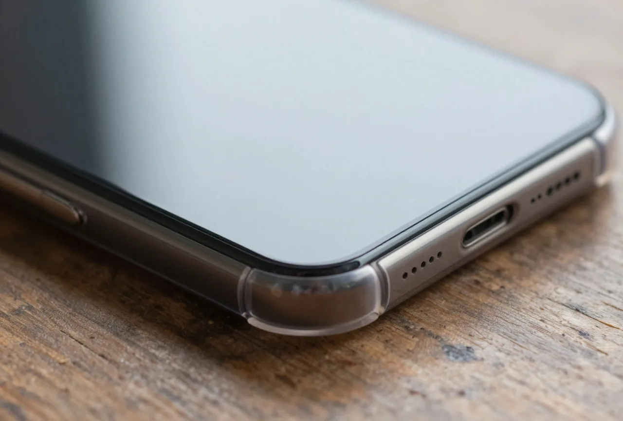 Nahaufnahme einer Smartphone-Ecke in einer durchsichtigen Hülle mit Luftpolster auf einem Holzboden