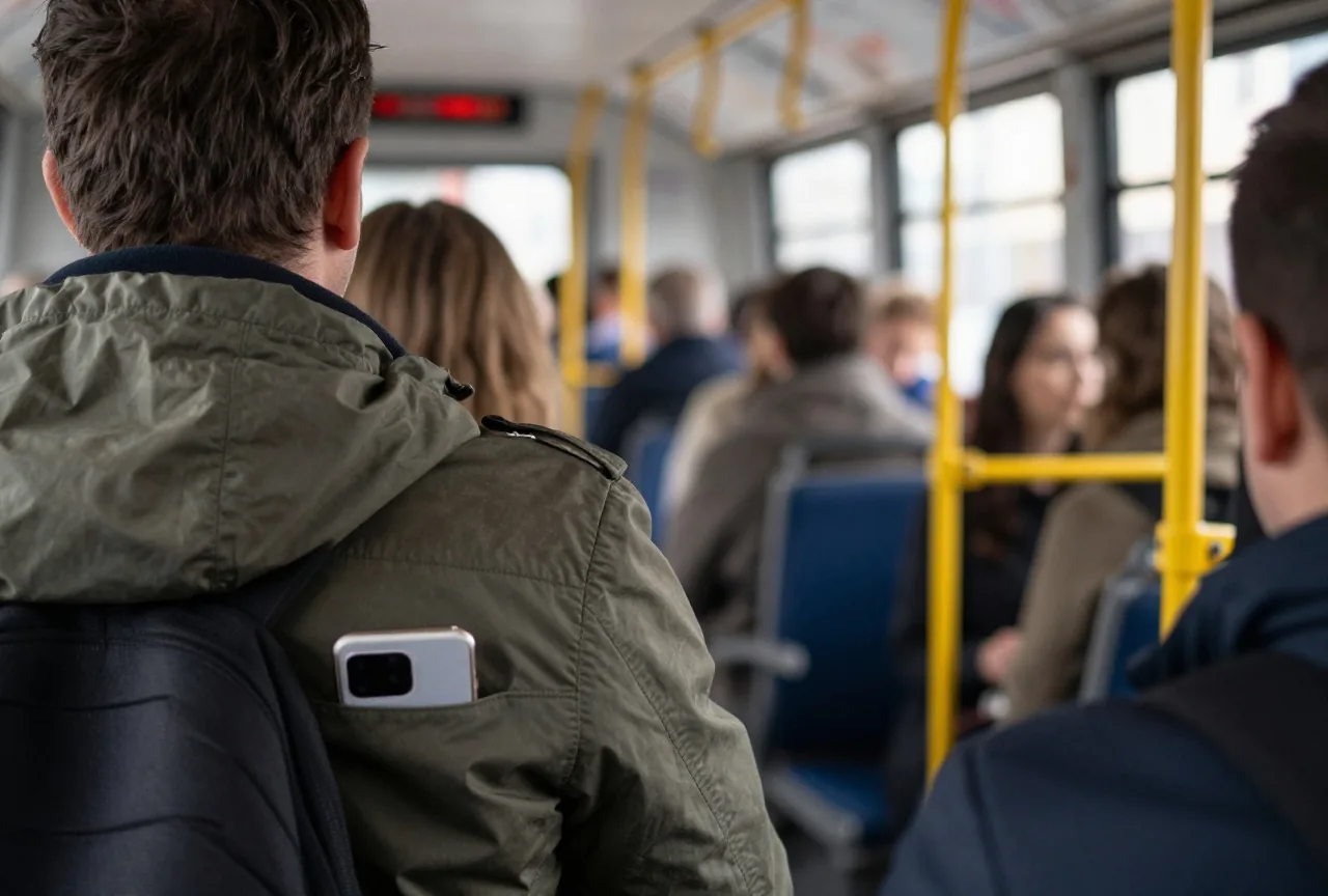 Volle Straßenbahn in einer deutschen Stadt von hinten gesehen, aus einer Jackentasche ragt ein Smartphone