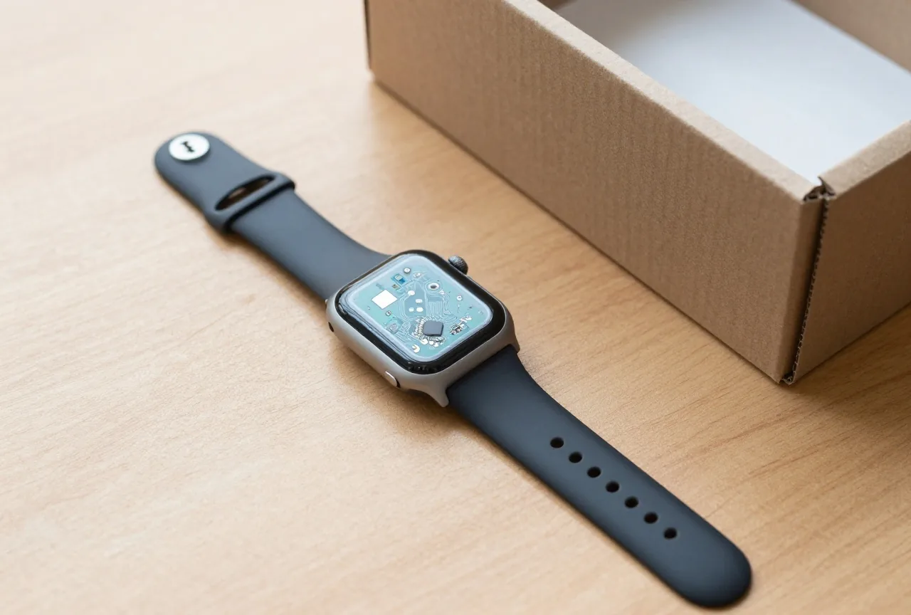 Zerlegte kleine Smartwatch mit abgenommenem Armband und offener Platine auf einer Werkbank neben einem Karton für Elektroaltgeräte