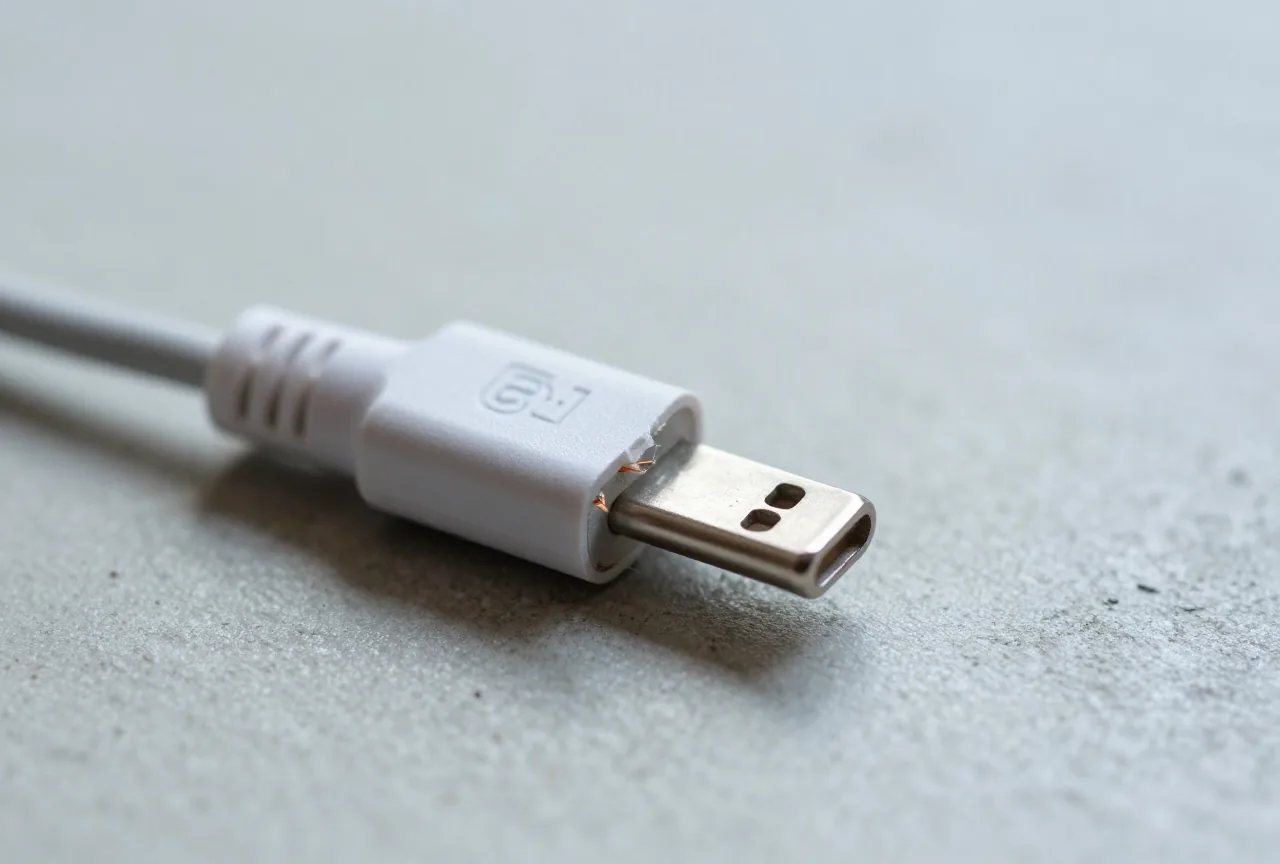 Nahaufnahme eines ausgefransten Ladekabels am Übergang zum Stecker auf einer hellen Betonfläche
