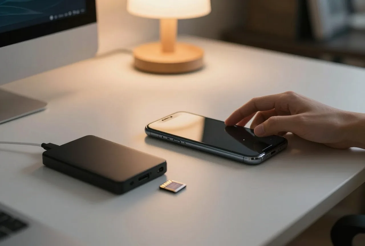 Hand legt ein umgedrehtes Smartphone neben eine externe Festplatte und eine kleine Speicherkarte auf einen Schreibtisch im Abendlicht