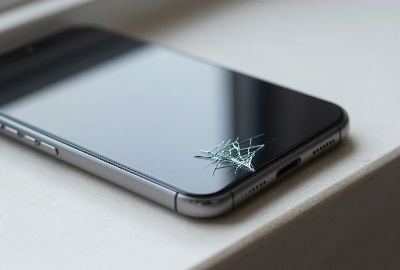Nahaufnahme eines von einer Ecke aus gesprungenen Schutzglases auf einem ausgeschalteten Smartphone auf einer Steinfensterbank