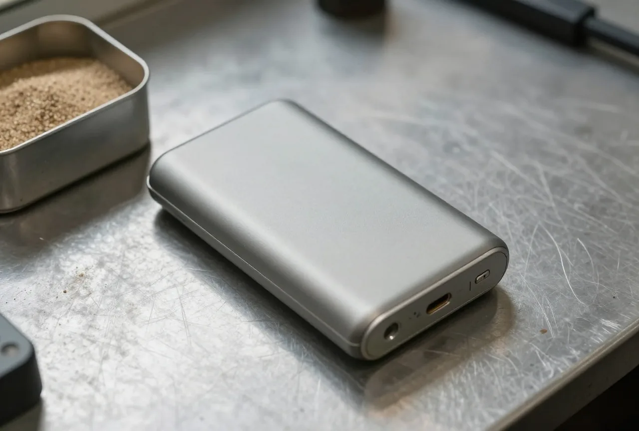 Aufgeblähte alte Powerbank mit verformtem Gehäuse auf einer Werkbank aus Metall neben einem kleinen Stahlbehälter mit Sand