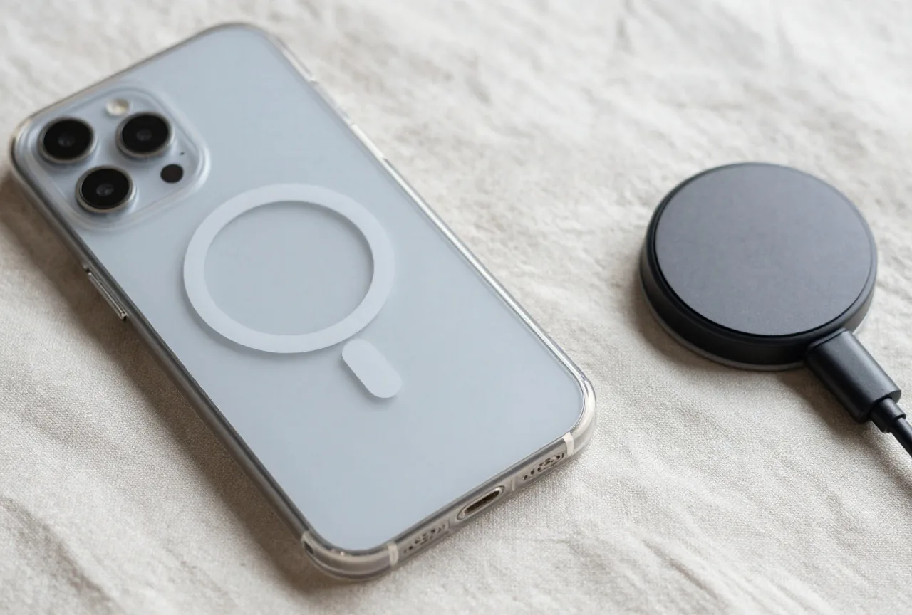 Rückseite eines Smartphones in durchsichtiger Hülle mit sichtbarem Magnetring, daneben ein runder Ladepuck auf hellem Leinen