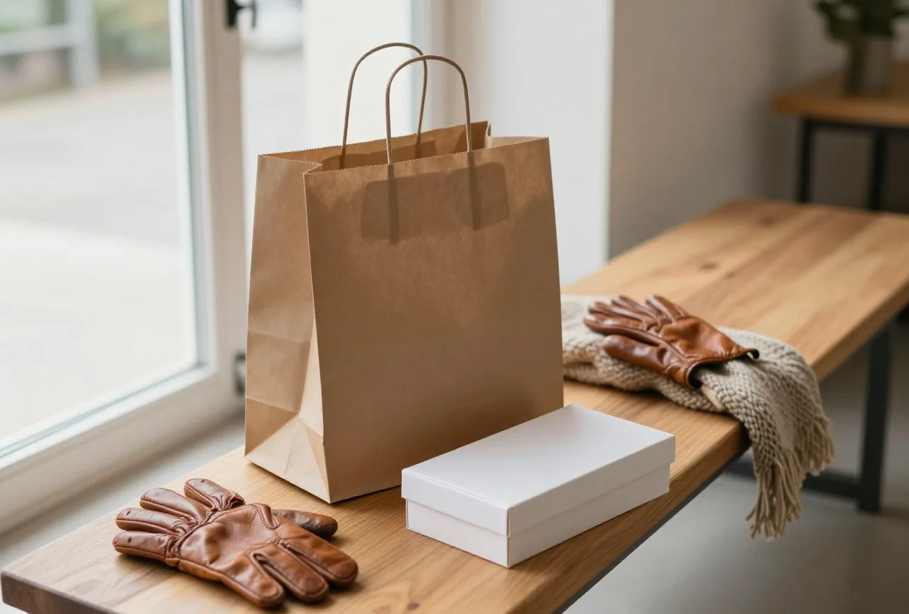 Leere braune Papiertüte und eine geschlossene Smartphone-Schachtel auf einer Flurbank, daneben Herbsthandschuhe und ein Schal