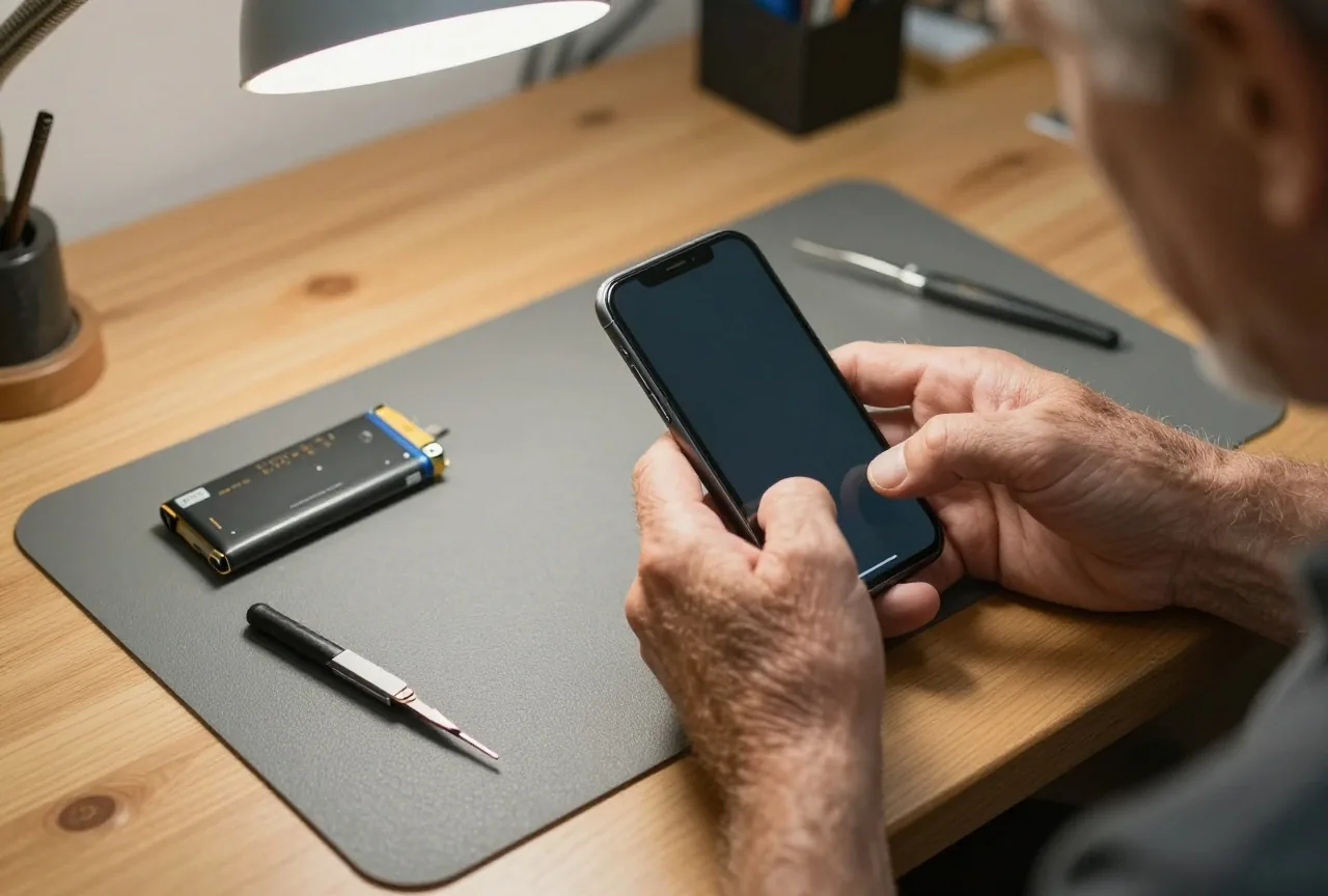 Hände eines älteren Mannes halten ein Smartphone seitlich über eine Werkbank, auf der Matte liegen ein Ersatzakku und eine Pinzette