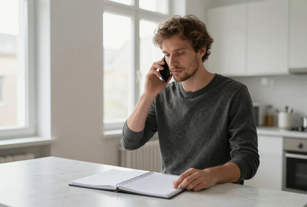 Mann telefoniert an einer hellen Küchentheke, vor ihm ein aufgeschlagener Ordner mit leeren Blättern