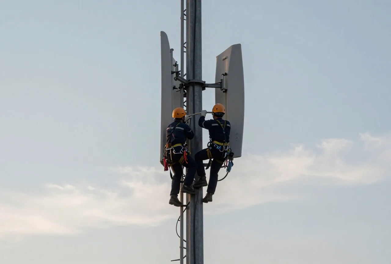 Zwei Techniker mit orangefarbenen Helmen montieren hoch oben an einem Gittermast ein graues Antennenpaneel, von unten fotografiert