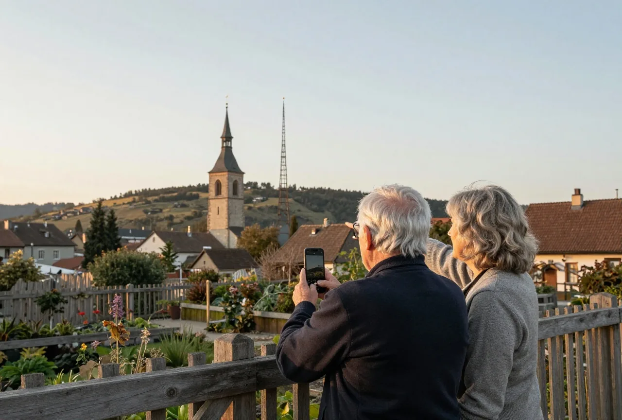 Älteres Paar am Gartenzaun im Dorf, der Mann hält ein Smartphone, die Frau zeigt auf Kirchturm und Mobilfunkmast am Hügel