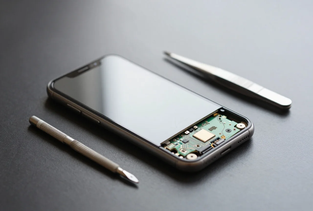 Geöffnetes Smartphone auf einer Werkbank, sichtbar sind Platine und Antennenleitungen, daneben feines Werkzeug