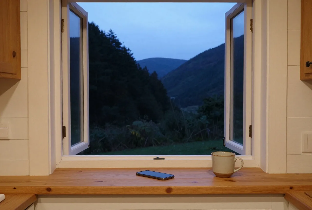 Blick aus einem Küchenfenster auf einen dunklen Waldrand im Tal, auf der Fensterbank liegt ein Smartphone mit dem Display nach unten