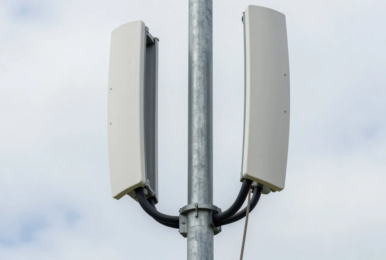 Nahaufnahme von Antennenpaneelen und Kabelsträngen an einem verzinkten Stahlmast vor bewölktem Himmel