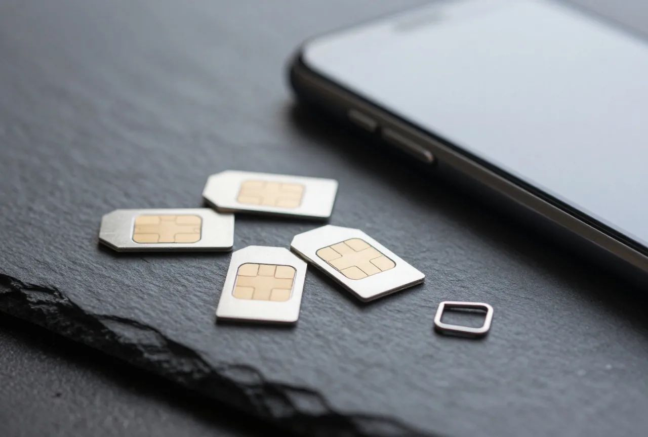 Mehrere leere SIM-Kartenschlitten und eine Auswurfnadel liegen auf dunklem Schiefer neben einem Smartphone mit dem Display nach unten