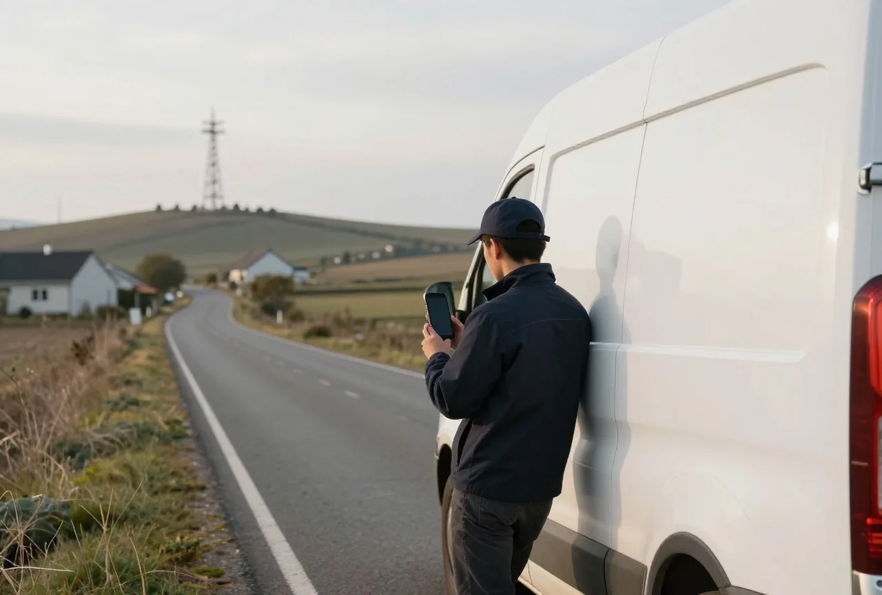 Kurierfahrer lehnt an einem weißen Lieferwagen zwischen Ortsrand und Feldern und hält ein Smartphone, im Hintergrund ein Mast