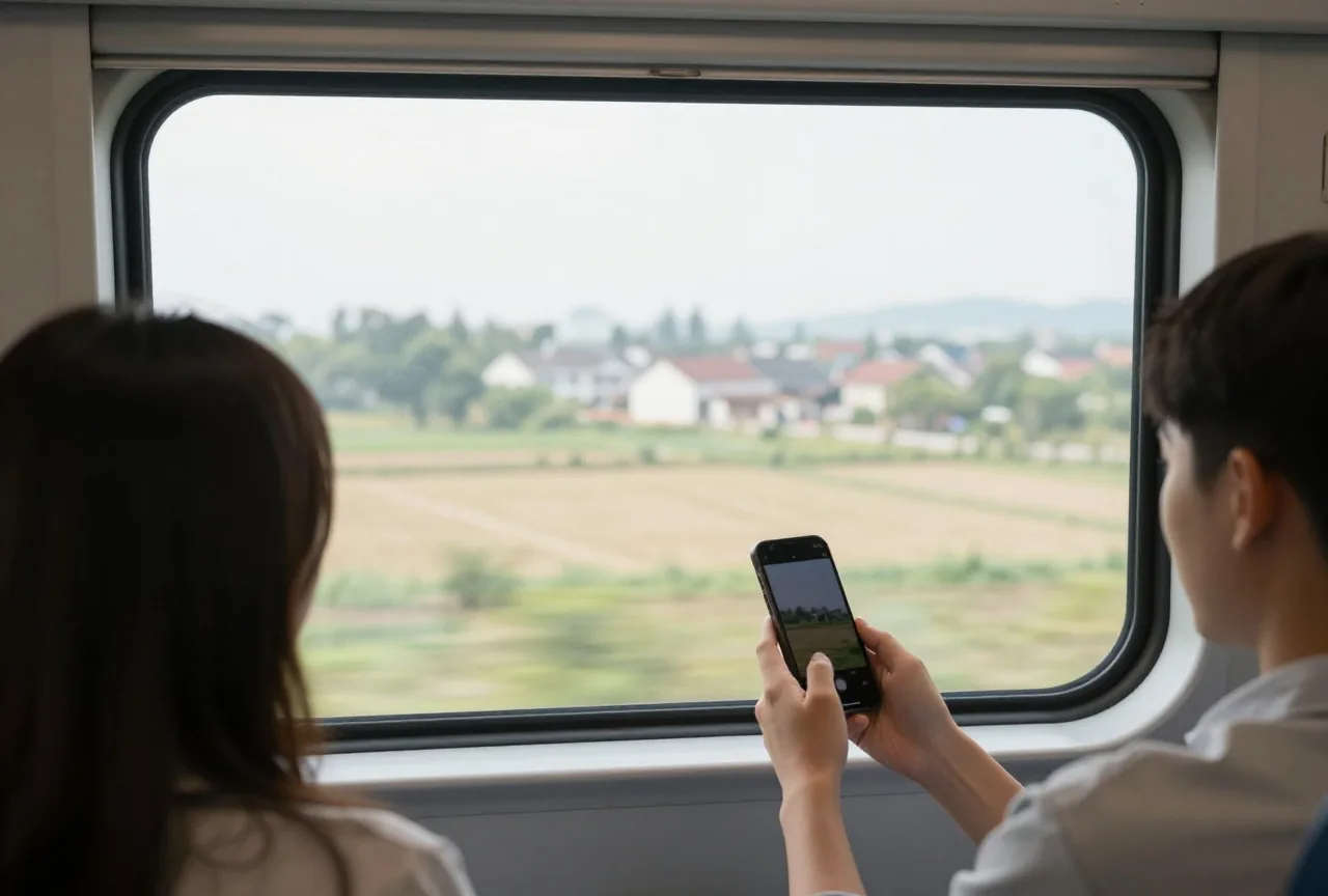 Reisende sitzt von hinten gesehen am Zugfenster, draußen ziehen Felder und ein Dorf vorbei