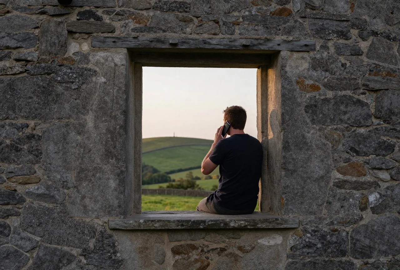 Mann steht in der tiefen Fensternische eines alten Bauernhauses mit dicken Mauern und telefoniert, draußen Hügel mit Mast