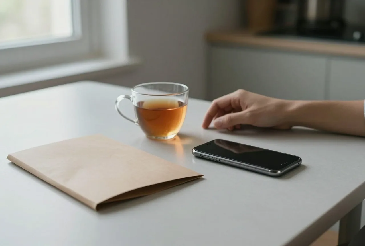 Küchentisch am Morgen mit Teetasse, geschlossener Mappe und einem Smartphone, das mit dem Display nach unten liegt
