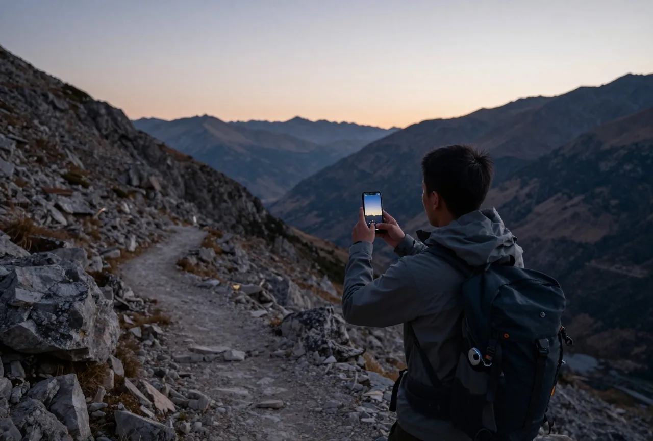 Wanderin auf einem Alpenpfad in der Dämmerung, von hinten gesehen, sie hält ihr Handy Richtung Himmel