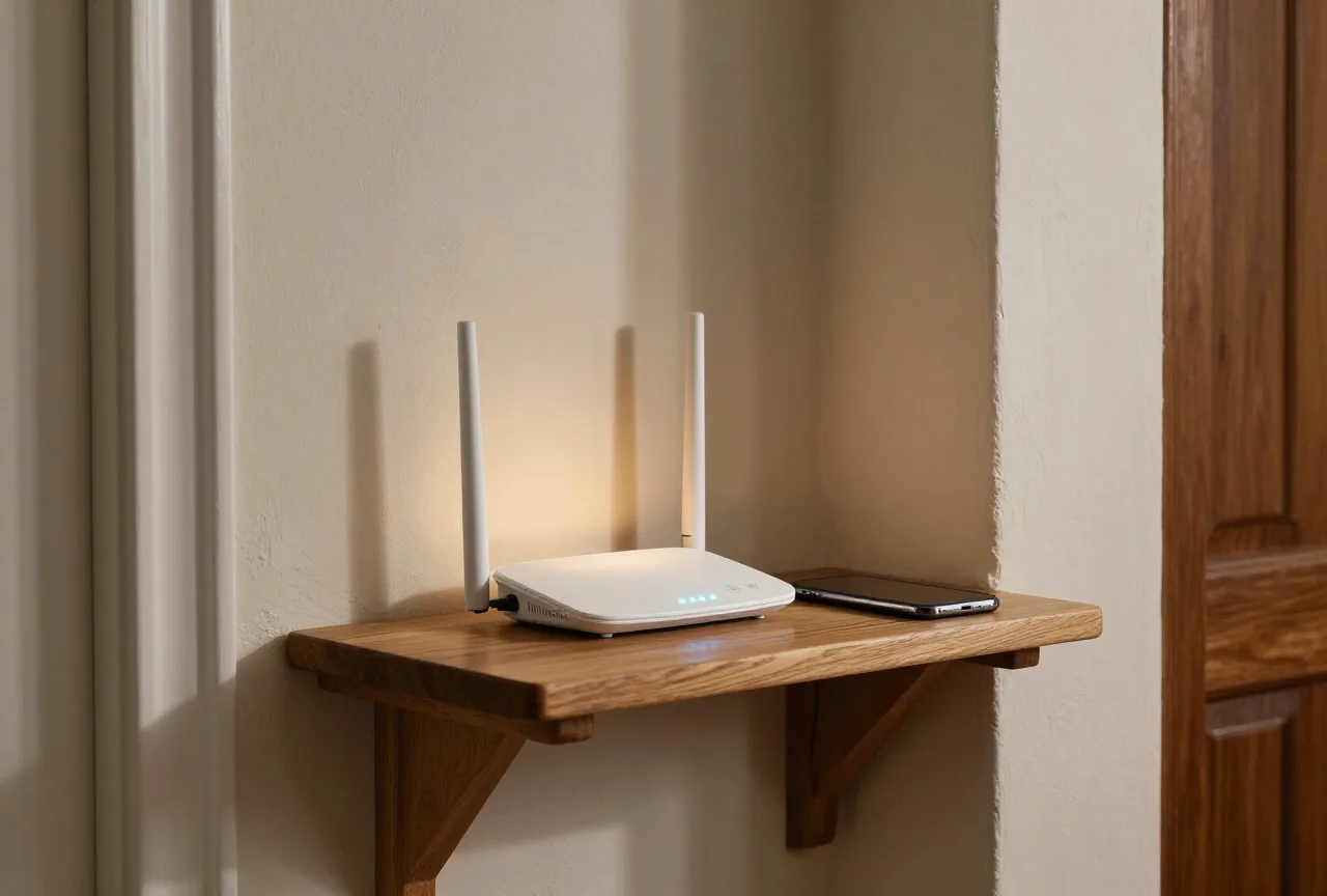 WLAN-Router auf einem Holzregal im Flur eines Altbaus, daneben liegt ein Smartphone mit dem Display nach unten