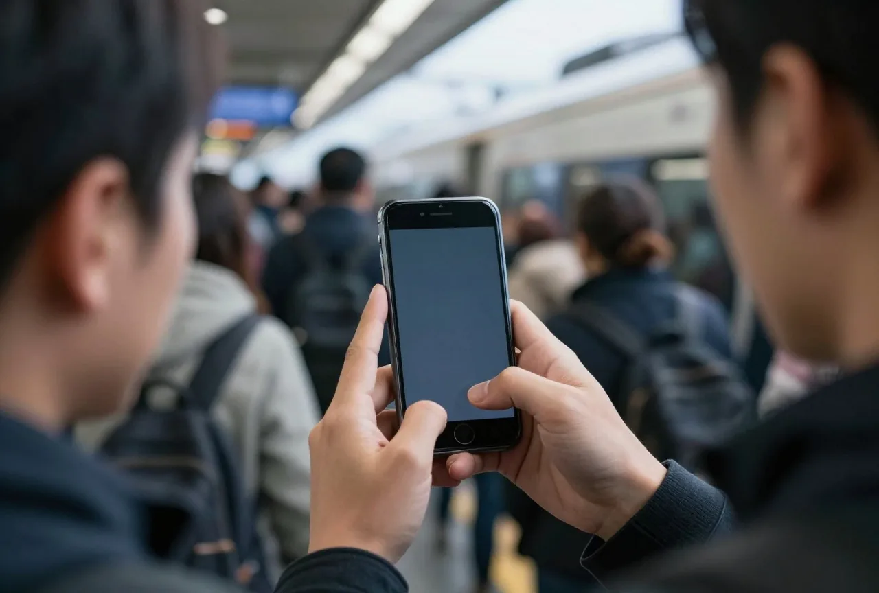 Zwei Hände halten auf einem vollen Bahnsteig ein Smartphone, im Hintergrund unscharf Pendler
