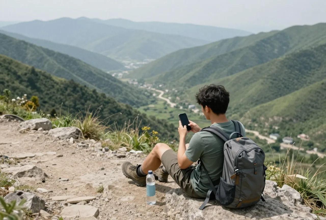 Wanderer rastet auf einem Felsen am Bergweg und hält ein Smartphone, im Hintergrund ein weites Tal