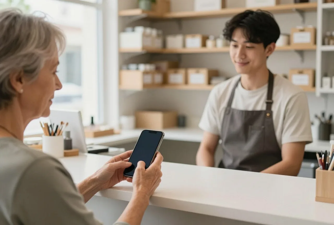 Ältere Frau reicht ihr Smartphone über die Theke einer kleinen Reparaturwerkstatt an einen jungen Mitarbeiter
