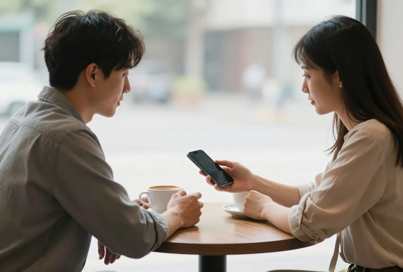 Zwei Personen an einem Cafétisch, eine reicht der anderen ein Smartphone mit dunklem Display