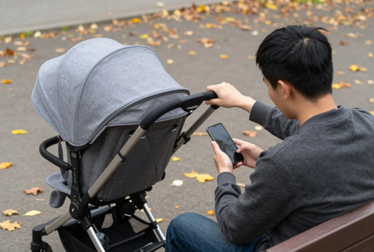 Vater sitzt im Herbst auf einer Spielplatzbank, eine Hand am Kinderwagen, in der anderen ein Smartphone