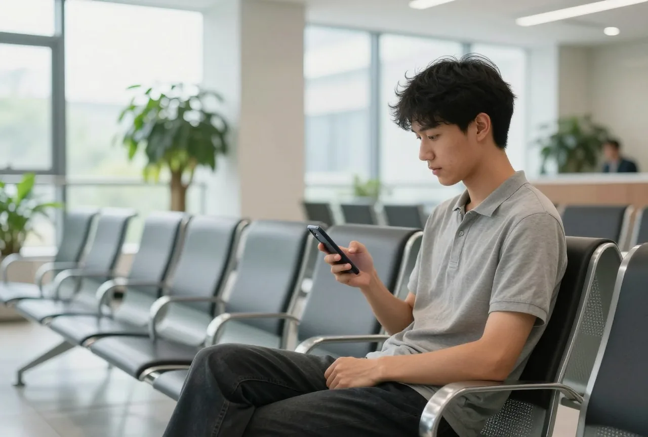Junger Mann sitzt im hellen Wartebereich eines Amts und hält ein Smartphone, dessen Display von der Kamera abgewandt ist