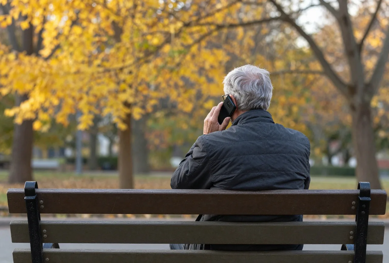 Älterer Mann sitzt auf einer Parkbank und hält ein Smartphone ans Ohr, von hinten gesehen
