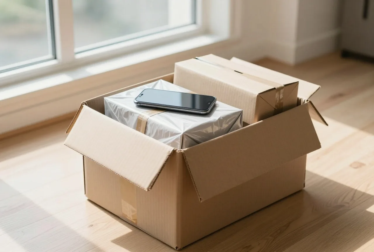 Umzugskarton mit verpackten Haushaltsgegenständen auf einem Holzboden, obenauf liegt ein Smartphone mit dem Display nach unten