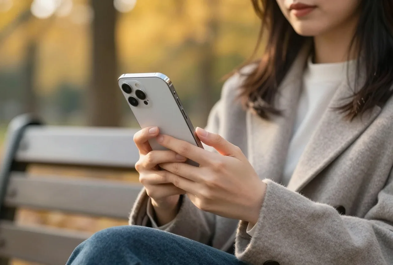 Frau hält auf einer Parkbank ein Smartphone und legt einen Finger über die Kamera auf der Rückseite