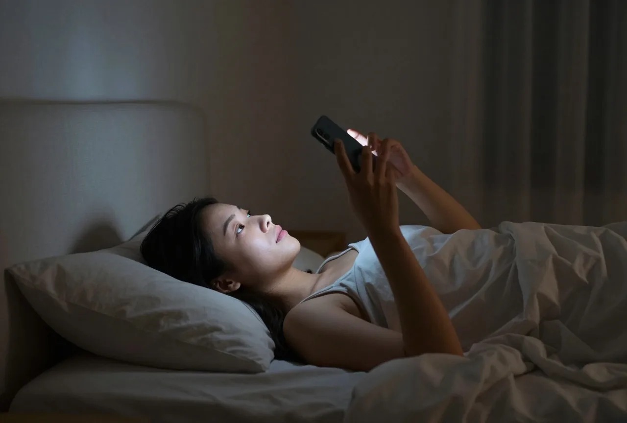 Frau liegt nachts im abgedunkelten Schlafzimmer im Bett und hält ein Smartphone über ihr Gesicht