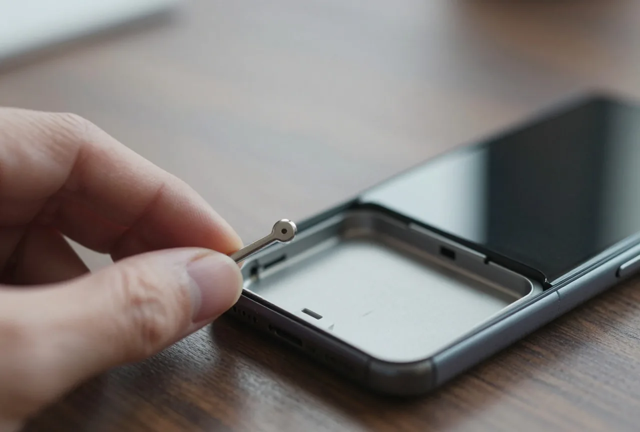 Finger halten eine kleine Metallnadel neben das geöffnete, leere Kartenfach eines Smartphones