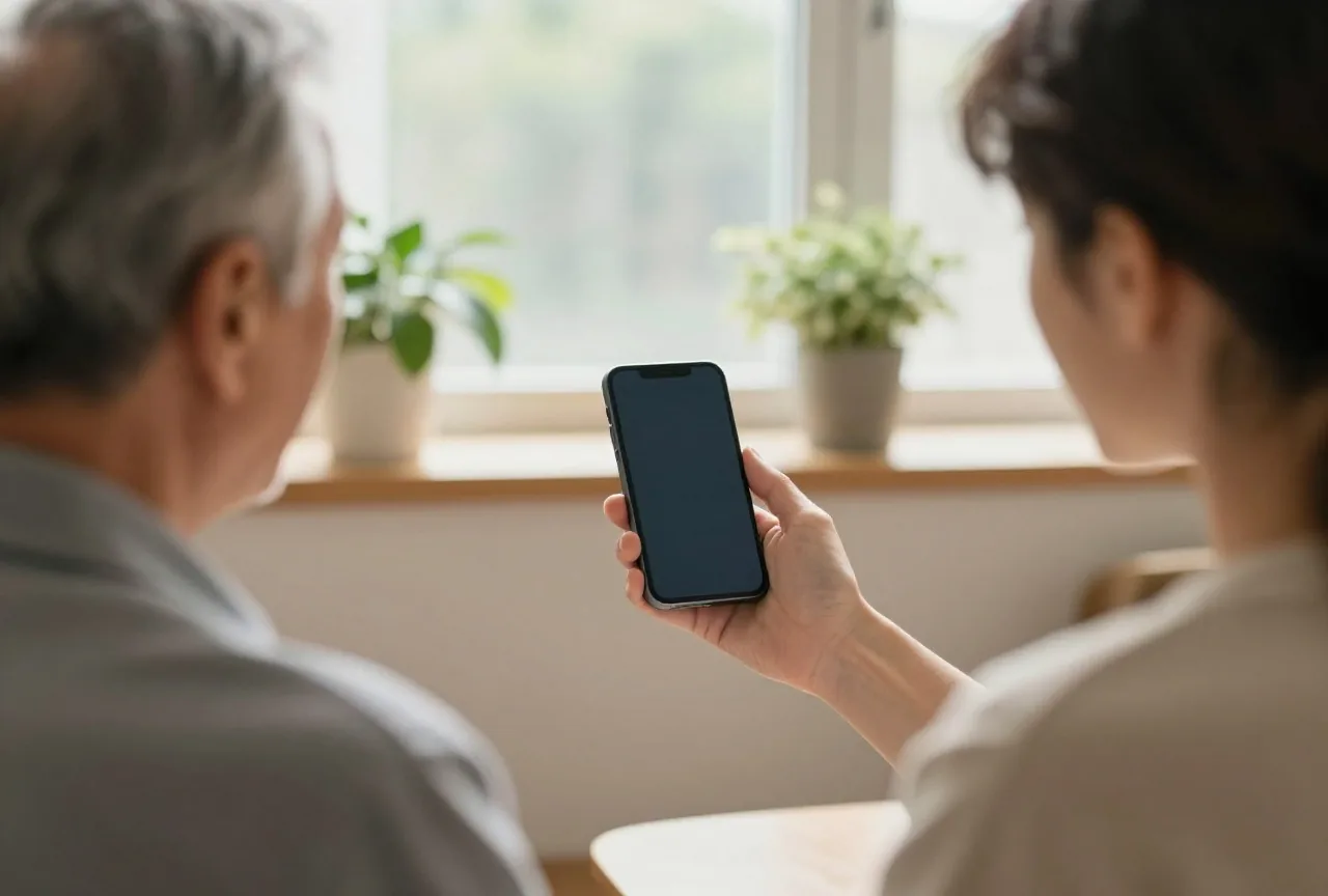 Älterer Mann reicht in einem sonnigen Wohnzimmer ein älteres Smartphone an eine junge Person weiter