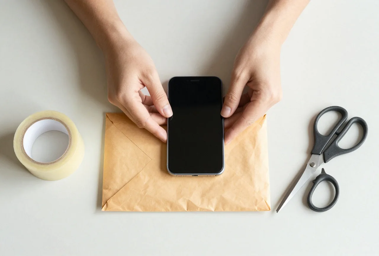 Zwei Hände legen ein Smartphone mit der Displayseite nach unten in einen gepolsterten Versandumschlag