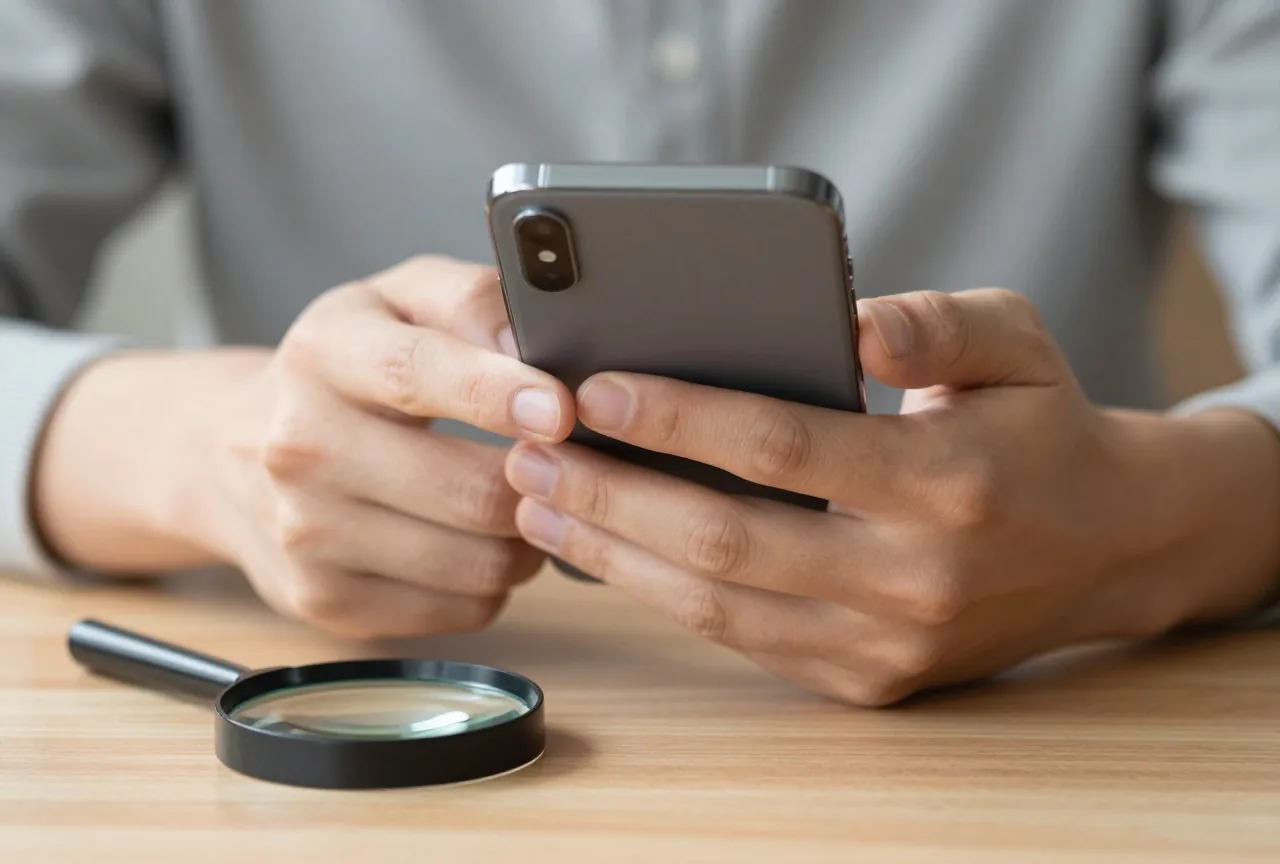 Hände prüfen die Tasten eines gebrauchten Smartphones, darunter liegt eine kleine Lupe auf einem Holztisch
