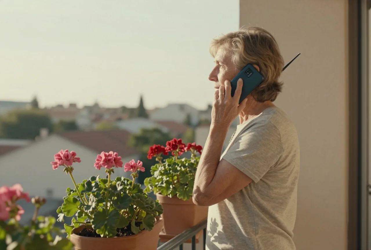 Ältere Frau steht auf einem Balkon und hält ein klobiges Mobiltelefon mit langer Antenne ans linke Ohr