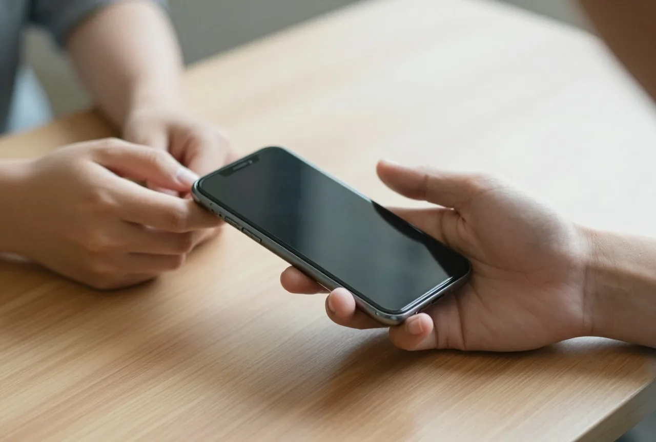 Eine erwachsene Hand reicht einer jüngeren Hand über einem Holztisch ein Smartphone mit dunklem Display