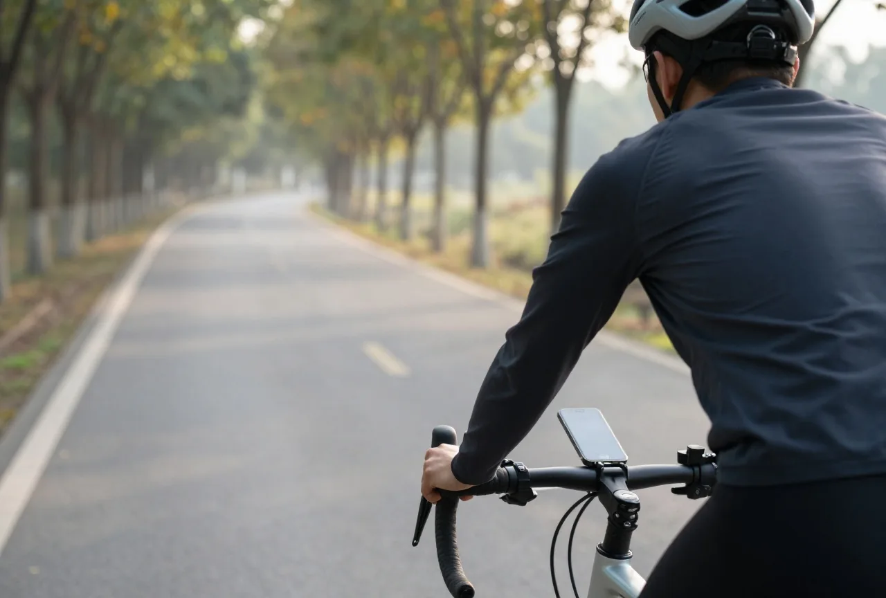 Radfahrer von hinten auf einem Radweg unter Bäumen, am Lenker ein Smartphone mit dunklem Display in einer Halterung