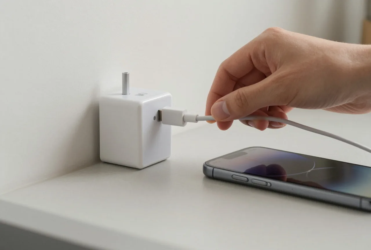 Hand steckt ein weißes USB-C-Kabel in ein kompaktes Netzteil, daneben liegt ein Smartphone mit dunklem Display