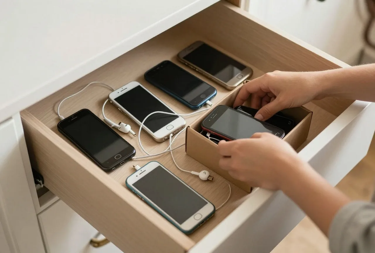 Frauenhände sortieren alte Handys und Ladekabel aus einer Küchenschublade in einen kleinen Karton