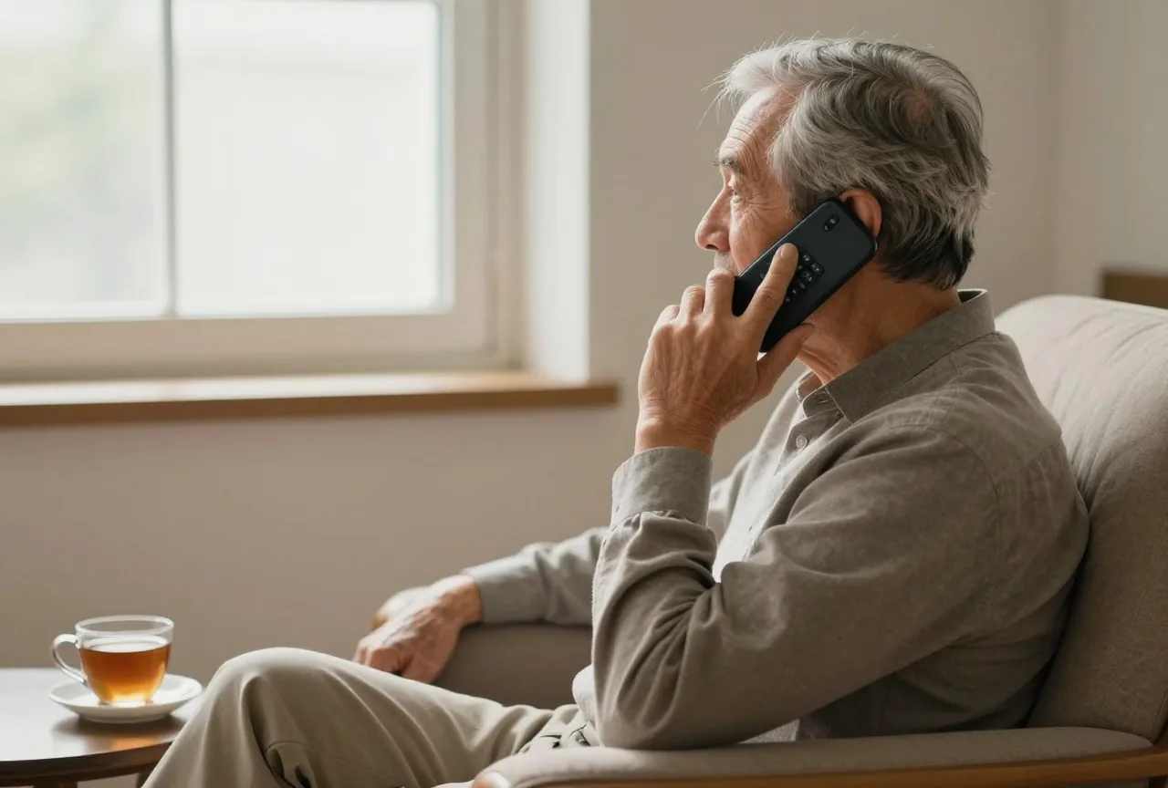 Älterer Mann sitzt im Sessel am Fenster und telefoniert mit einem einfachen Handy mit großen Tasten, daneben eine Tasse Tee