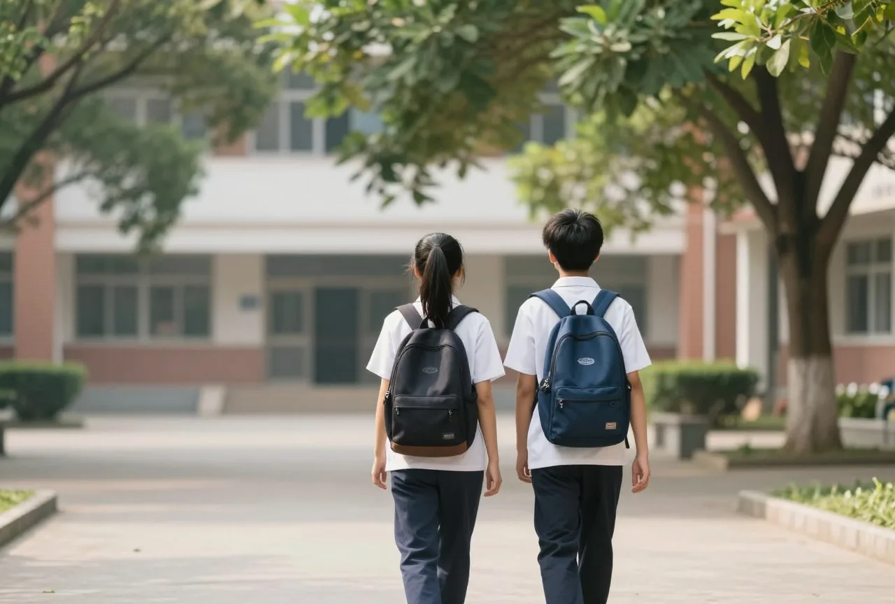 Zwei junge Menschen mit Schulrucksäcken gehen von hinten gesehen über einen sonnigen Schulhof